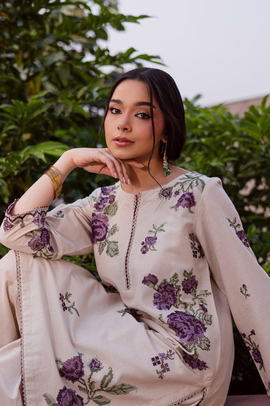 Purple Bloom 3-Pc  Embroidered Dress
