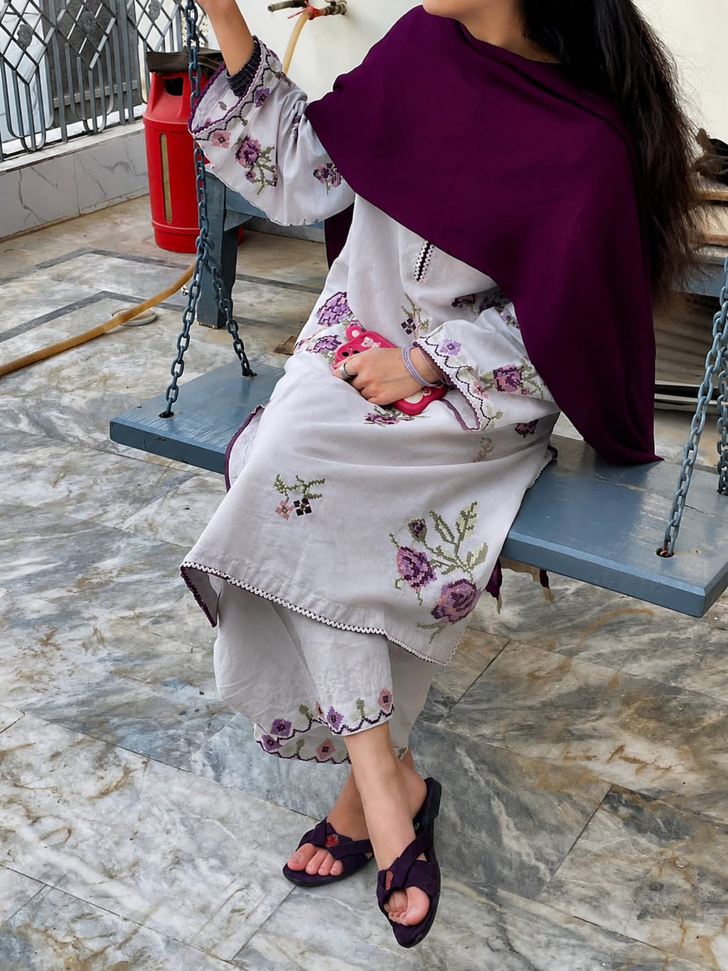 Purple Bloom 3-Pc  Embroidered Dress